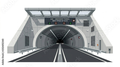 Bilde på lerret Modern highway tunnel entrance with clear road markings and overhead signage