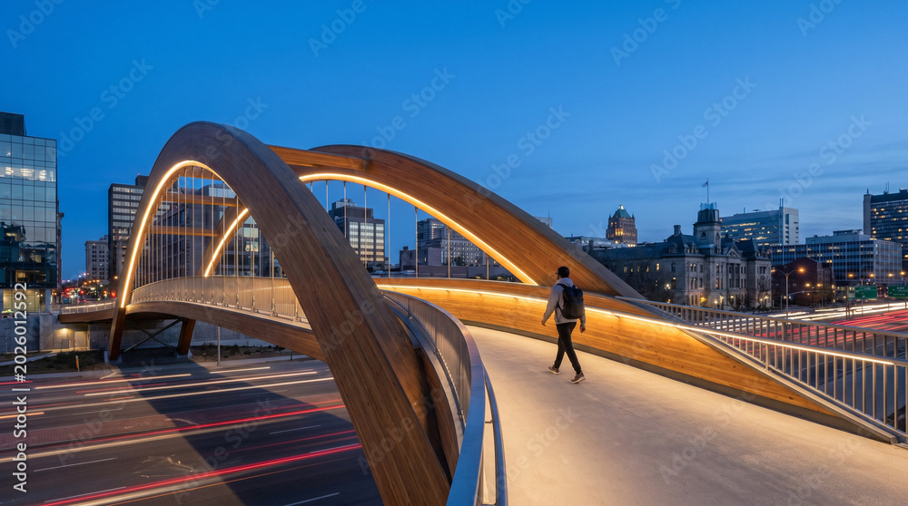 Fototapeta premium Urban pedestrian bridge at blue hour, its arching timber structure glowing under integrated strip lighting, a solitary commuter walks its ge 2