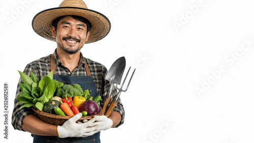 Farmer with Fresh Produce: A smiling farmer, wearing a straw hat and apron, proudly displays a woven basket brimming with colorful, freshly harvested vegetables and gardening tools, ready for market.