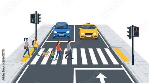 Tableau sur toile Pedestrians crossing street at crosswalk with cars and traffic lights