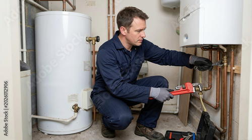 Male gas fitter adjusting copper pipes on a water heater with a red wrench. Professional plumber in blue overalls performing maintenance in a utility room. Home heating system repair concept