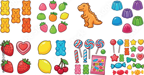 Schilderij op canvas Cute Kawaii Candy and Sweet Food Illustration Collection Featuring Gummies Lolli