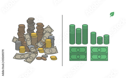 Split scene showing left side high expenses with  cluttered stacks of coins and scattered bills, right side reduced costs