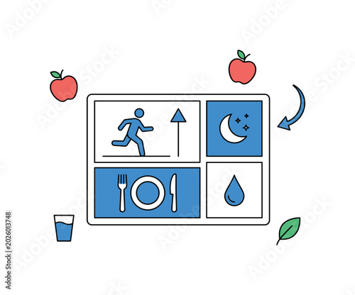 Minimal healthy living dashboard panel as  product with simple rectangular layout and balanced blocks representing daily