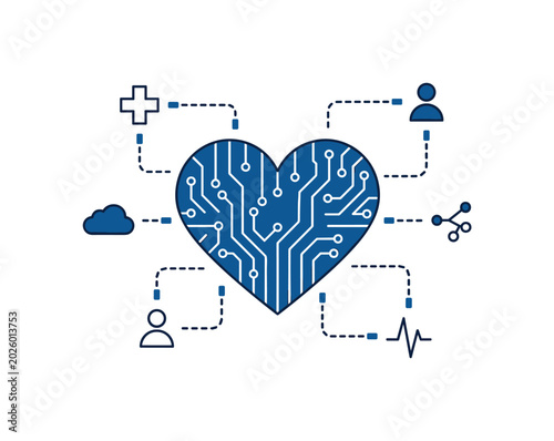 heart shape integrated with a circuit pattern as symbolic hero object representing digital health, surrounded by small