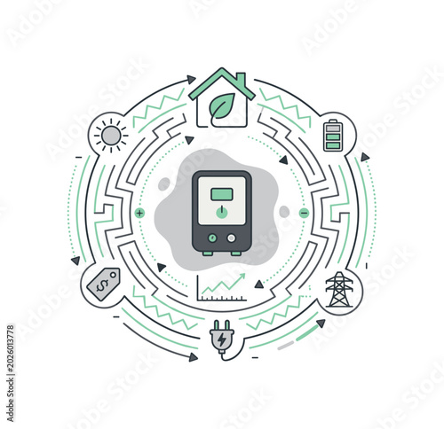 Modern flat vector conceptual collage about home energy saving using DIAGONAL SPLIT archetype with two big clusters, top-left
