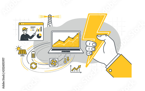 Hand holding lightning bolt symbolizing energy management and data analysis