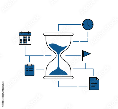 hourglass as symbolic hero object with flowing sand forming a clean downward path, surrounded by small floating icons of