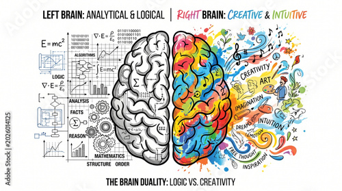 Photos Human brain divided into logical and creative hemispheres with text