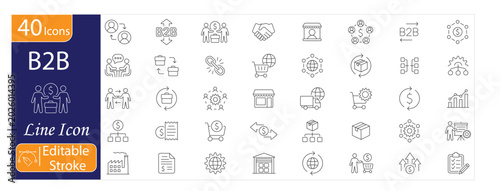 B2B Business and Corporate Collaboration Line Icons Set. Includes icons for partnership, corporate deals, business networking, supply chain, negotiations, enterprise solutions, and professional servic