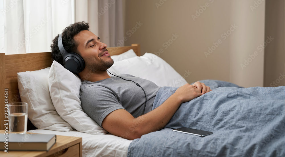 Fototapeta premium Man listening to music on headphones in bed. Relaxed young male resting with smartphone in cozy bedroom