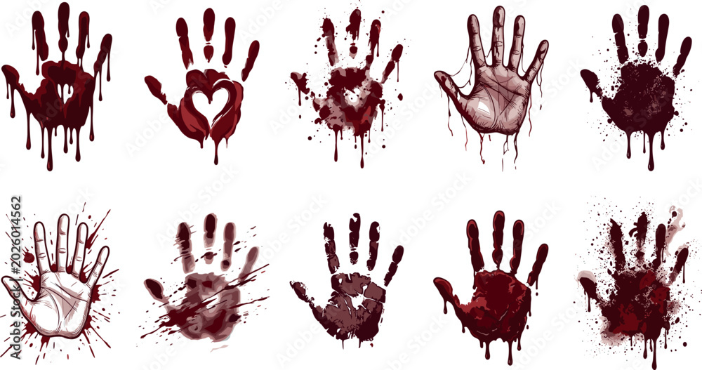 Fototapeta premium Bloody Handprint Horror Illustration Collection Featuring Red Blood Splatter Palm Prints for Halloween Crime Thriller and Scary Background Designs