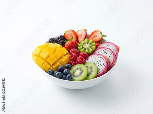 m Fresh tropical fruit bowl with mango, dragon fruit and berries, healthy breakfast salad on white background, vibrant vegan snack bowl