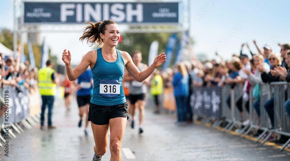 Obraz premium Smiling female marathon runner crossing the finish line. Happy woman celebrating victory in a road race. Athletic achievement and fitness concept