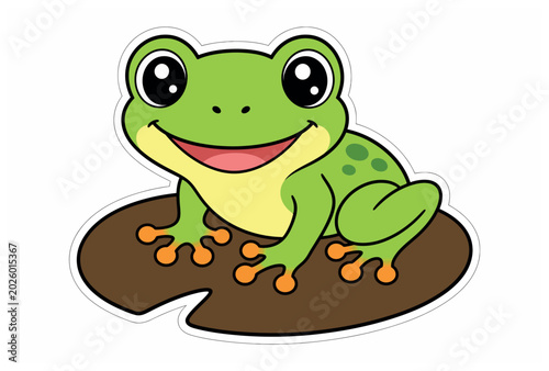 Tableau sur toile Smiling green cartoon frog sitting.