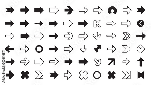 A versatile collection of black and white arrow icons, ideal for web design, user interfaces, and graphic projects, offering diverse directional symbols for navigation