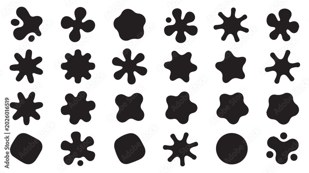 Fototapeta premium A Diverse Collection of Black Organic Shapes and Blob-like Icons Representing Abstract Forms