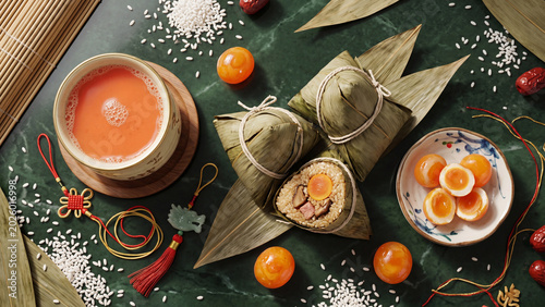 Traditional Zongzi Sticky Rice Dumplings for Dragon Boat Festival Celebration on Green Marble