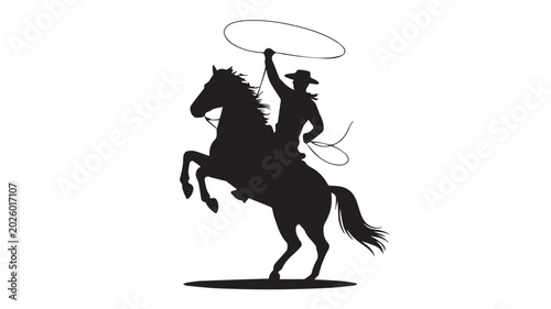 Silhouette of a cowboy on a rearing horse with a lasso, evoking adventure and western spirit in a graphic design