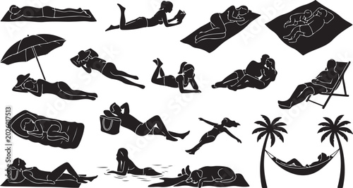 Fotografie Beach Tanning and Sunbed Relaxation Silhouettes, People Sunbathing on Summer Hol