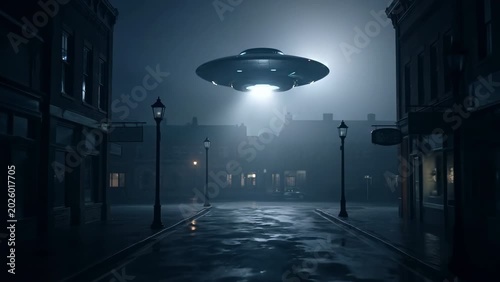 UFO Hovering Over Empty Street at Night