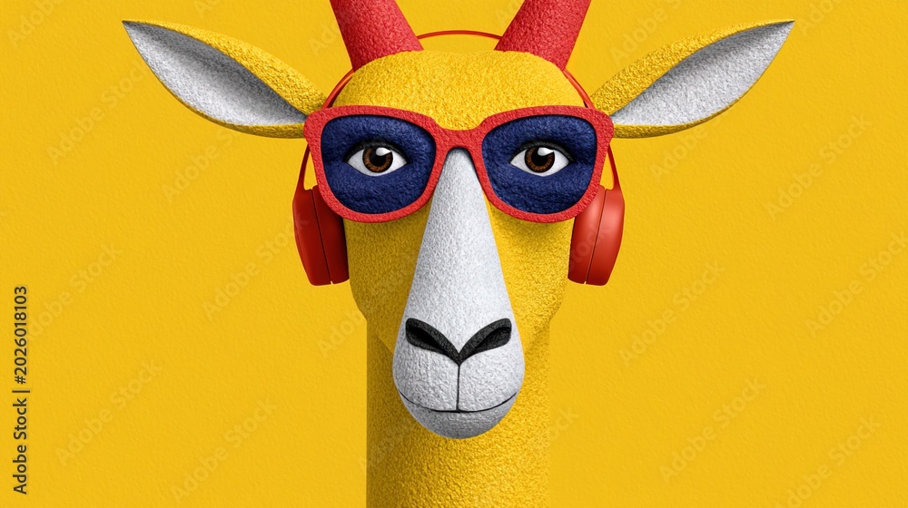 Fototapeta premium Cool goat in glasses and headphones on a bright yellow background