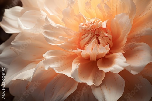 Peach dahlia flower head with delicate cream petals unfurling in soft light