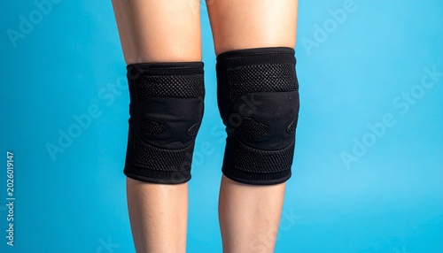 Close-up of a person wearing black protective knee pads on both legs, isolated on a blue background.