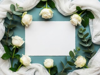 Blank white paper card surrounded by white roses and eucalyptus on blue background