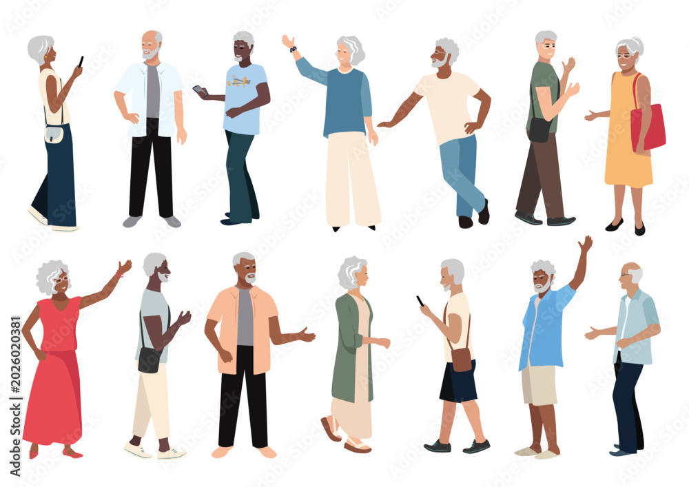 Fototapeta premium A set of illustrations depicting diverse elderly people of different genders and races in various poses and gestures. Hand-drawn vector illustration on a white background.
