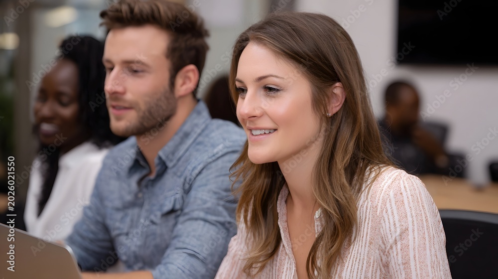 Obraz premium Two professionals interact in a casual collaborative indoor setting suggesting a positive and engaged workplace discussion