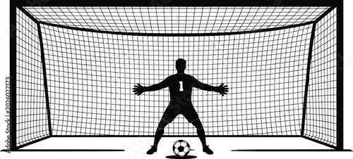 Fotografia Soccer goalkeeper silhouette defending goal net ball anticipation readiness spor