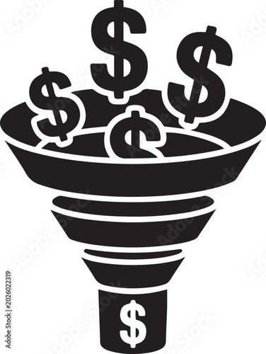 Sales Funnel with Dollar Signs – Conversion and Marketing Optimization Icon or Vector Silhouette. Black icon silhouette vector