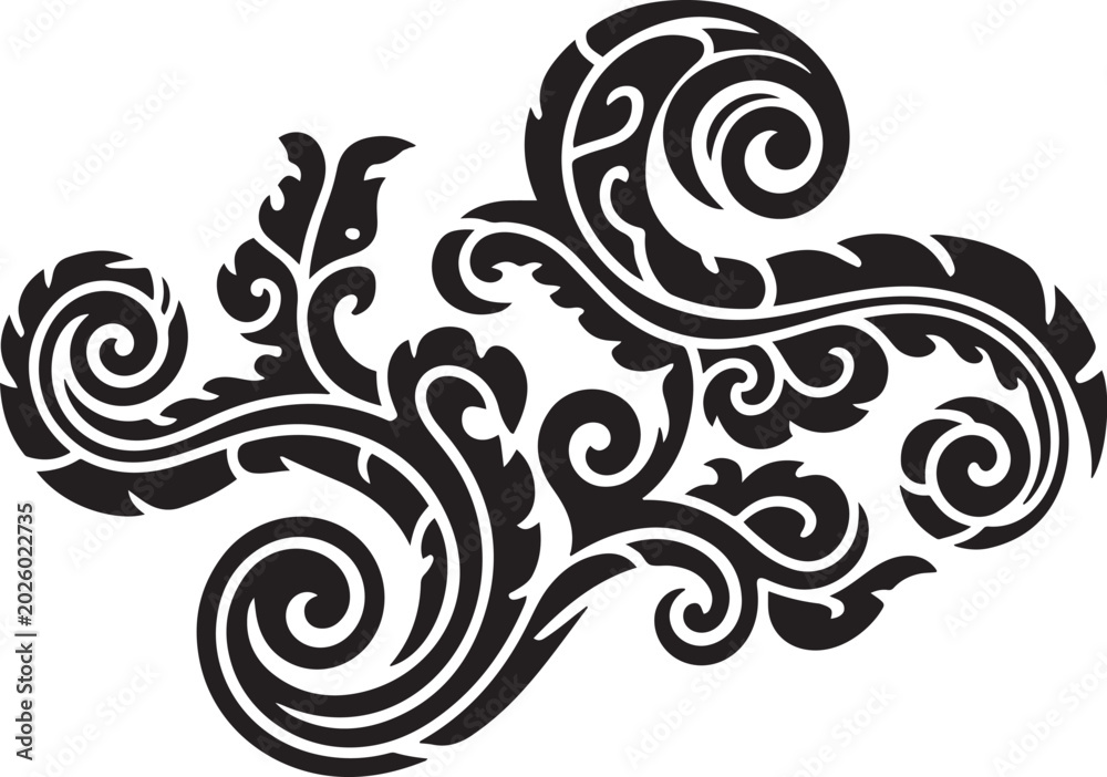 Fototapeta premium Swirl tribal art vector format, Southeast Asia art style. Black icon silhouette vector