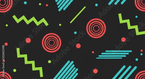 Retro 80s Memphis Style Geometric Pattern with Circles and Zigzags.