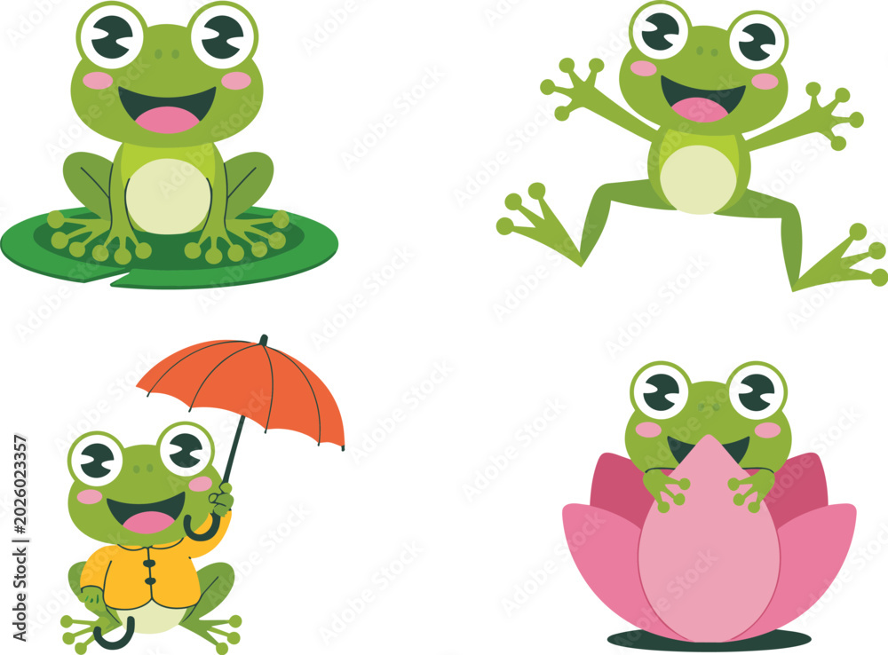 Obraz premium Cute Cartoon Frog Sticker Set with Happy Green Toad Characters Jumping Sitting on Lily Pad and Holding Umbrella for Kids Nursery Designs
