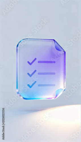 A vector 3D icon with a glassmorphism effect depicting a list of completed tasks, frosted glass, purple, and blue gradients on a light gray background.