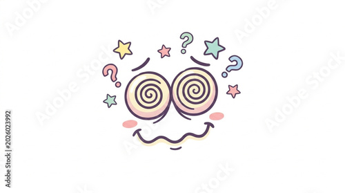 Bild auf Leinwand Confused cartoon face with dizzy eyes and question marks.