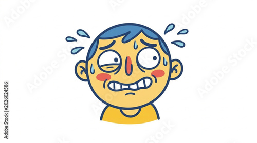 Fotografi Cartoon face showing extreme stress and anxiety with sweat drops.