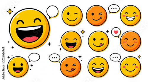 Принти на полотні Collection of happy and laughing emoji faces with speech bubbles.