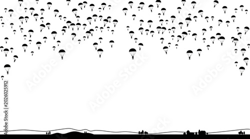 Foto Black and white silhouette illustration of paratroopers descending from the sky over a landscape