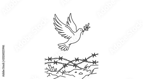 Fotografía A white dove of peace flying over barbed wire.