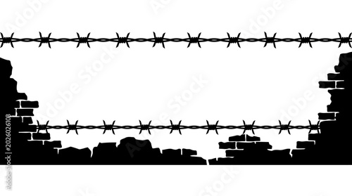 Foto Black silhouette of barbed wire and ruined brick wall border.