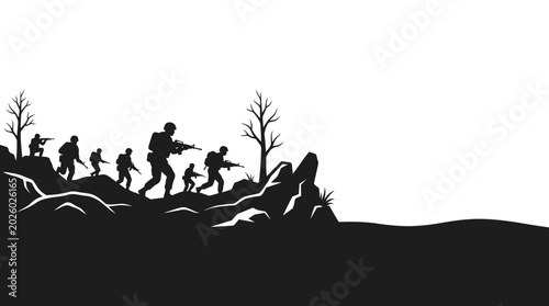 Tableau sur toile Silhouette of soldiers walking on a hill in a military formation.
