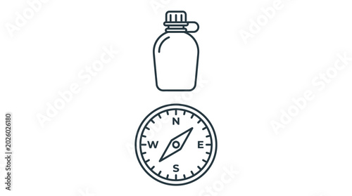 Valokuva Minimalist outline icon set featuring a water canteen and a navigational compass