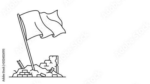 Foto Outline drawing of a waving flag standing in rubble.