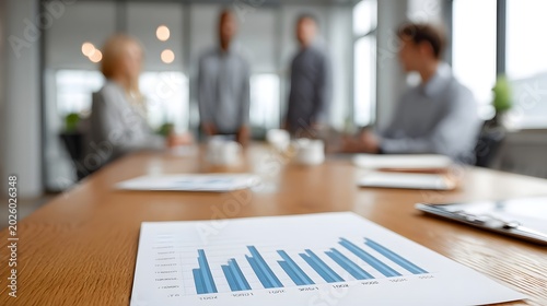 Three blurred business professionals collaborate and focus on documents in a modern office setting