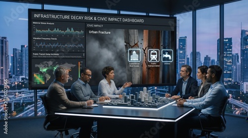 Five urban architects in a futuristic high-altitude observatory discussing an infrastructure decay risk and civic impact dashboard around a 3D city model table