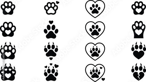 Photography Animal Paw Print and Heart Silhouette Vector Icon Set with Wild Monster Claws an