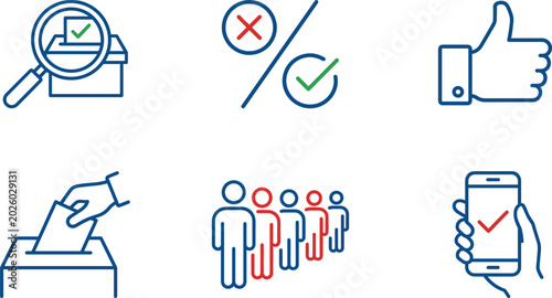 Obraz na plátně Election and voting linear color icon set with ballot box queue and mobile polli